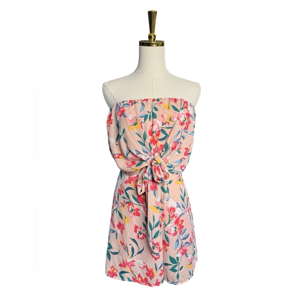 Strapless Pink Floral Tie-Front Romper